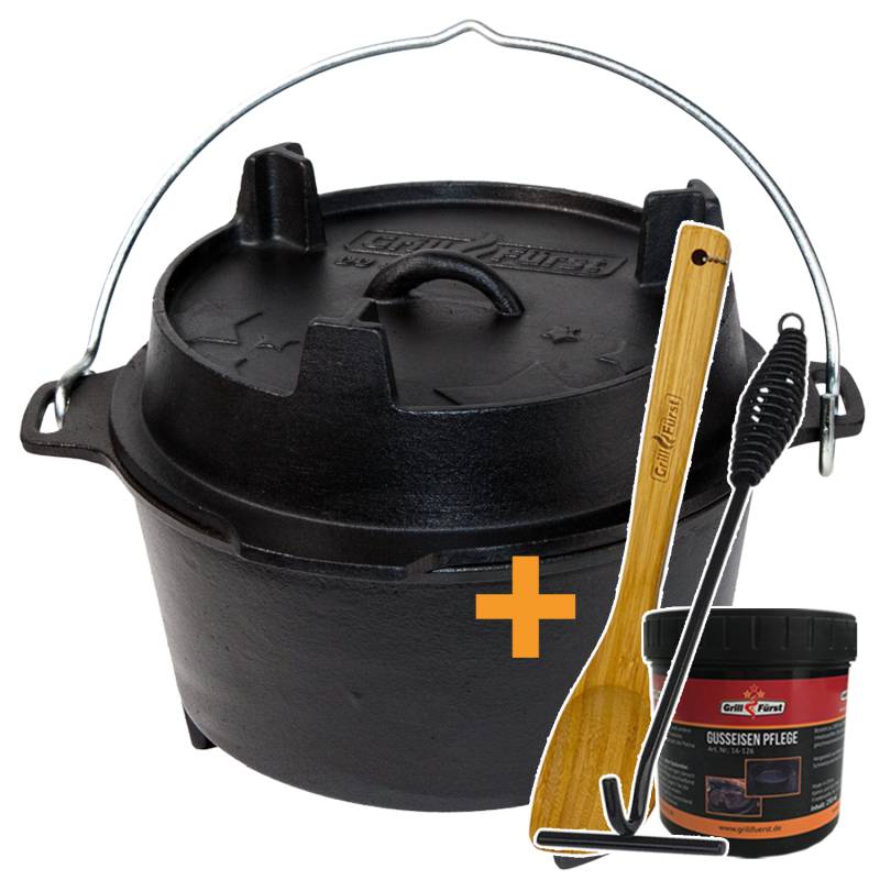 Grillfürst Dutch Oven Set BBQ Edition DO6 - X-Deal inkl. Pflegepaste, Deckelheber und Kochlöffel