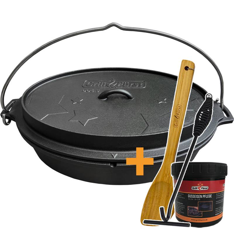 Grillfürst Dutch Oven Set BBQ Edition DO 6,5 flach / oval für Weber Spirit, Weber Genesis, Broil King Signet - X-Deal inkl. Pflegepaste, Deckelheber und Kochlöffel