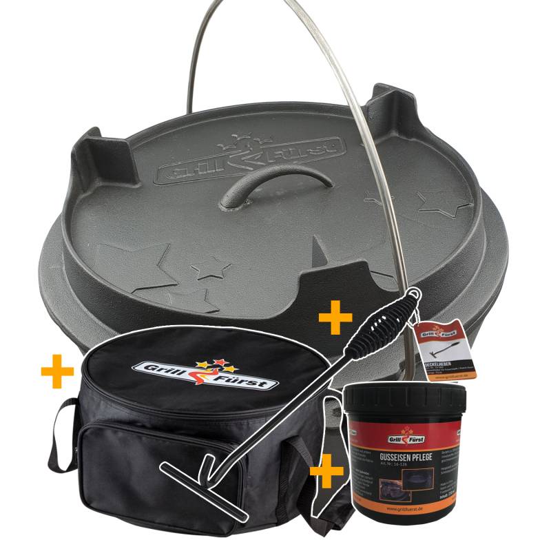 Grillfürst Dutch Oven Set BBQ Edition DO12 - X-DEAL inkl. Tragetasche / Aufbewahrungstasche, Gusseisen Pflege und Deckelheber