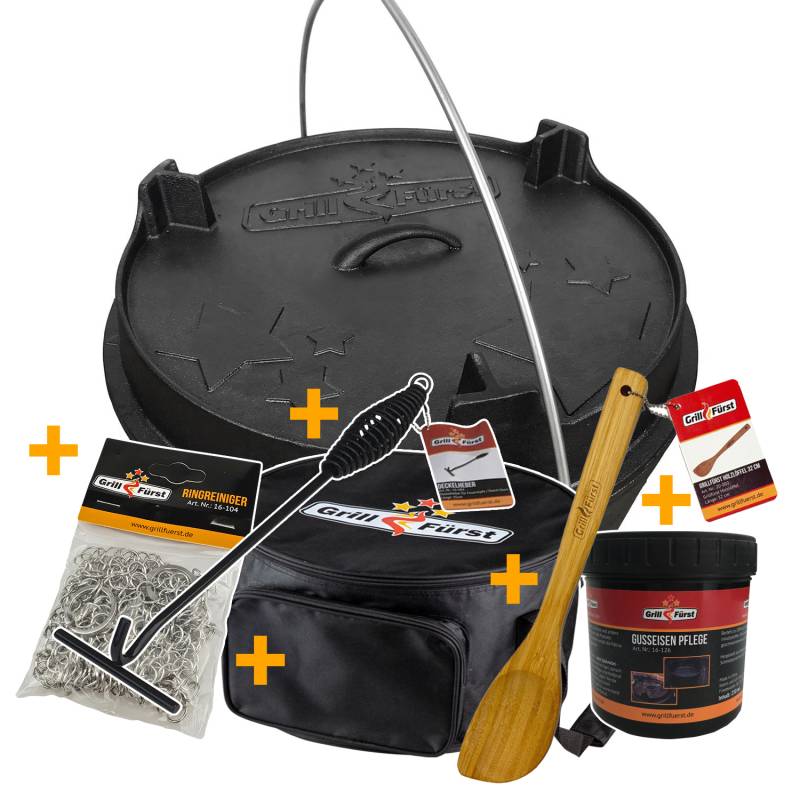 Grillfürst Dutch Oven Set BBQ Edition DO20 - X-DEAL inkl. Tragetasche / Aufbewahrungstasche, Gusseisen Pflege, Ringreiniger, Deckelheber und Bambus-Kochlöffel