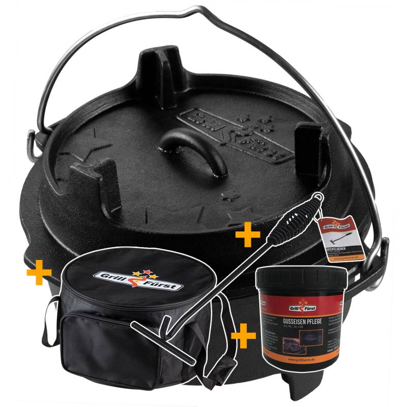 Grillfürst Dutch Oven Set BBQ Edition DO4 - X-DEAL inkl. Tragetasche / Aufbewahrungstasche, Gusseisen Pflege und Deckelheber