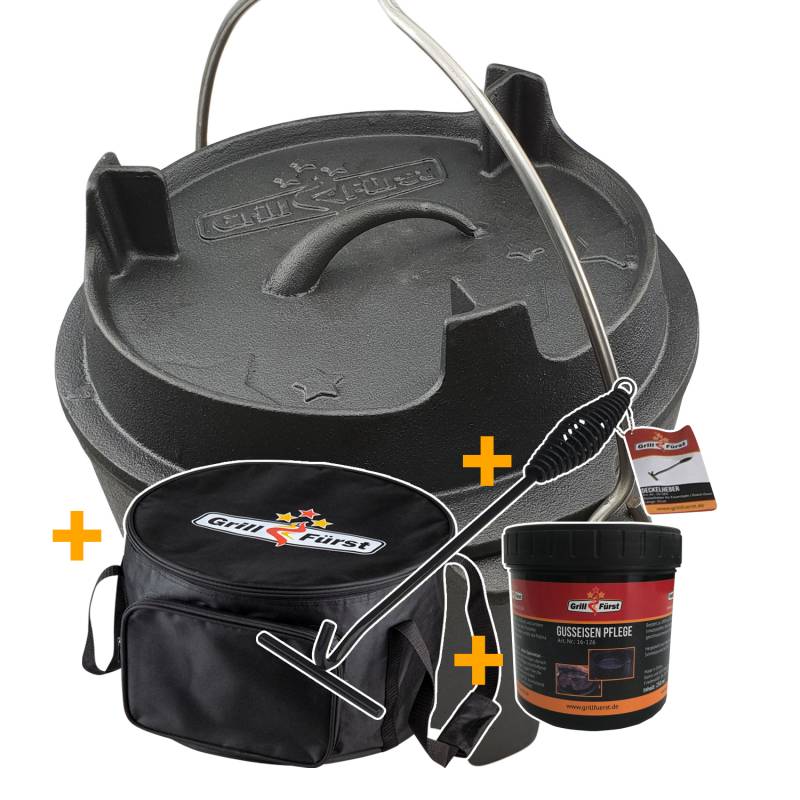 Grillfürst Dutch Oven Set BBQ Edition DO6 - X-DEAL inkl. Tragetasche / Aufbewahrungstasche, Gusseisen Pflege und Deckelheber