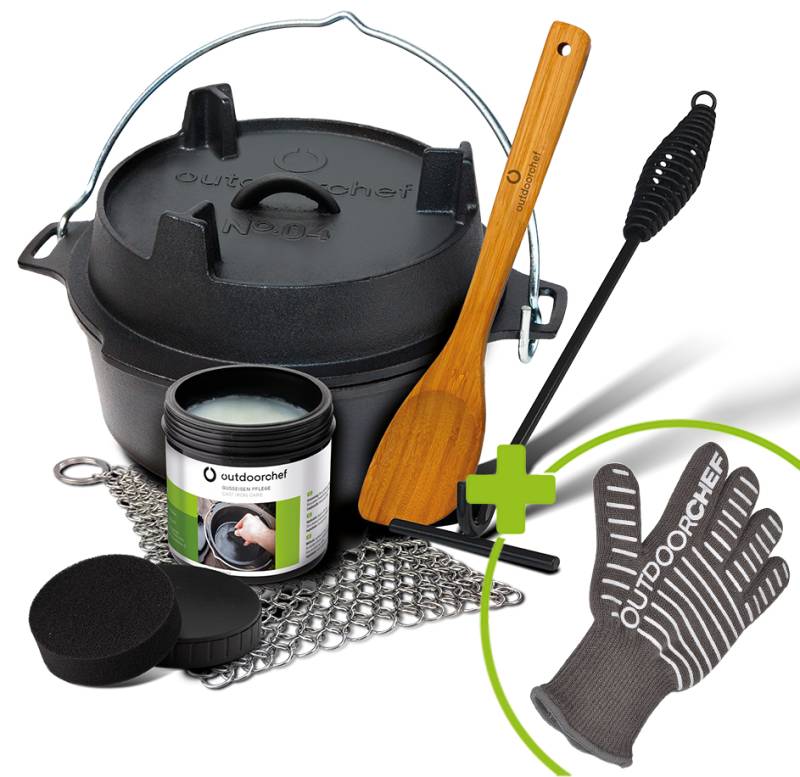 Outdoorchef Dutch Oven 04 - 3,8 Liter - inkl. Starterset mit Gusseisen-Pflege, Ringreiniger, Deckelheber und Bambus-Kochlöffel + Outdoorchef Grillhandschuh